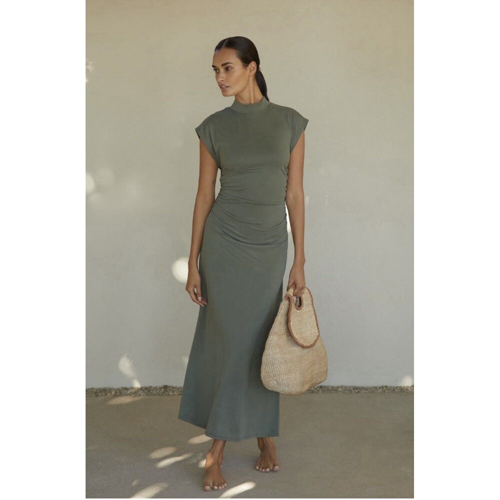Anthropologie Turtleneck Ruched Midi Dress Size XXS Green NWT